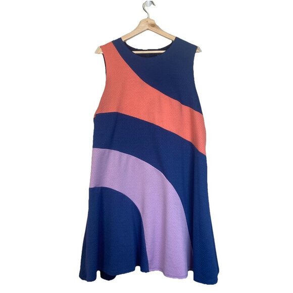 Hutch Anthropologie Dress 2X Blue Pink And Purple Color Block Fit & Flare Preppy - Picture 2 of 9